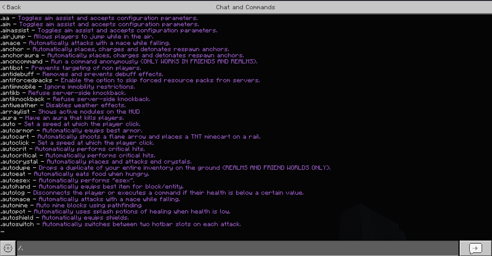 Lumine command list shown in-game